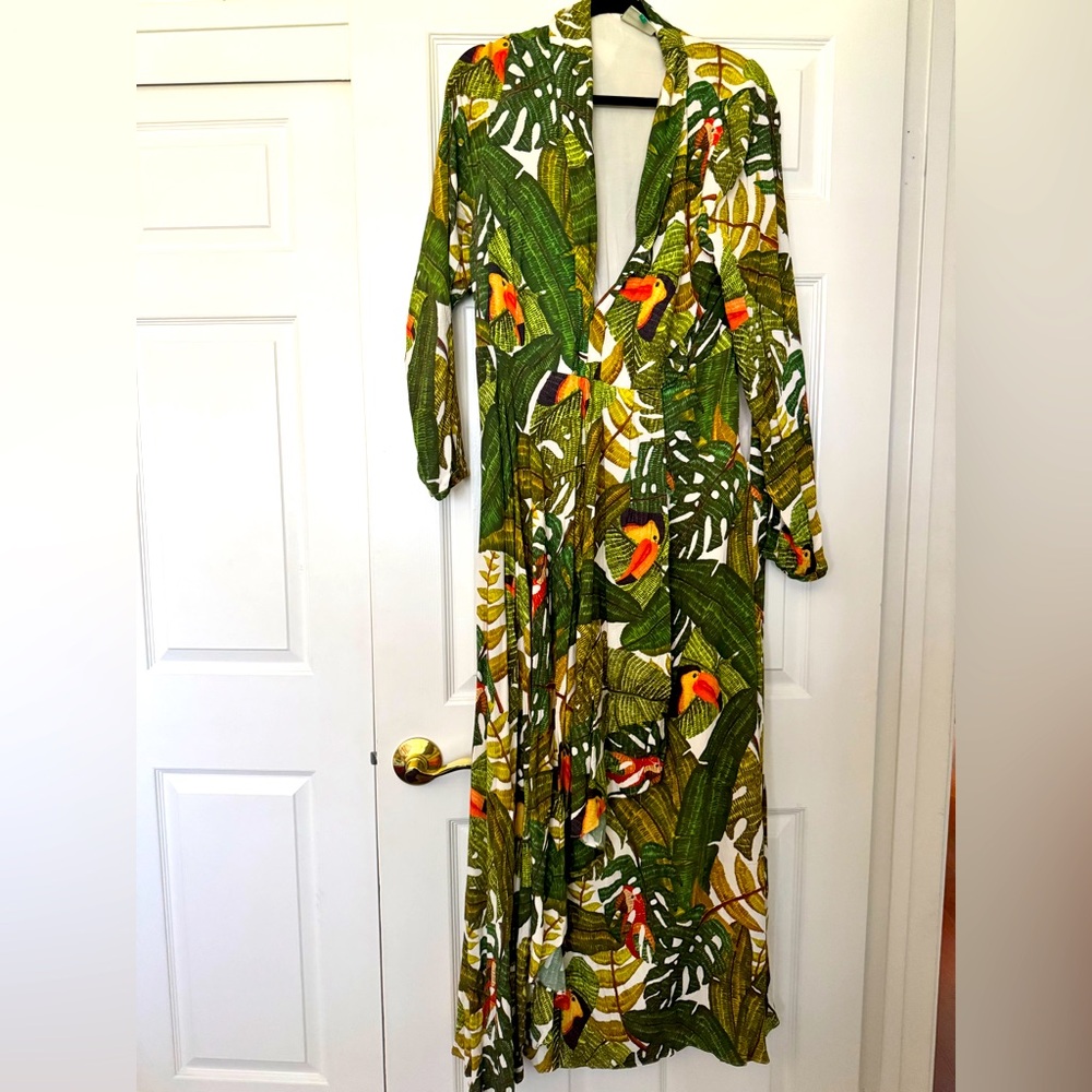 FARM Rio Leafy Green and Orange Long Sleeve Dress